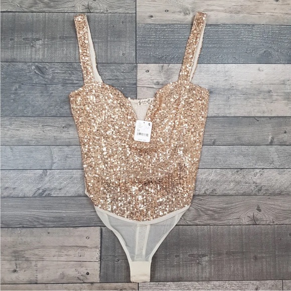 Free People Tops - Free People Sparks Fly Corset Bodysuit Top Medium 12 14 Gold Sequin Party BNWT